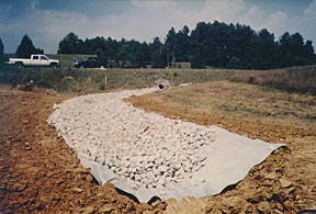Installing rip-rap along the trench to control erosion